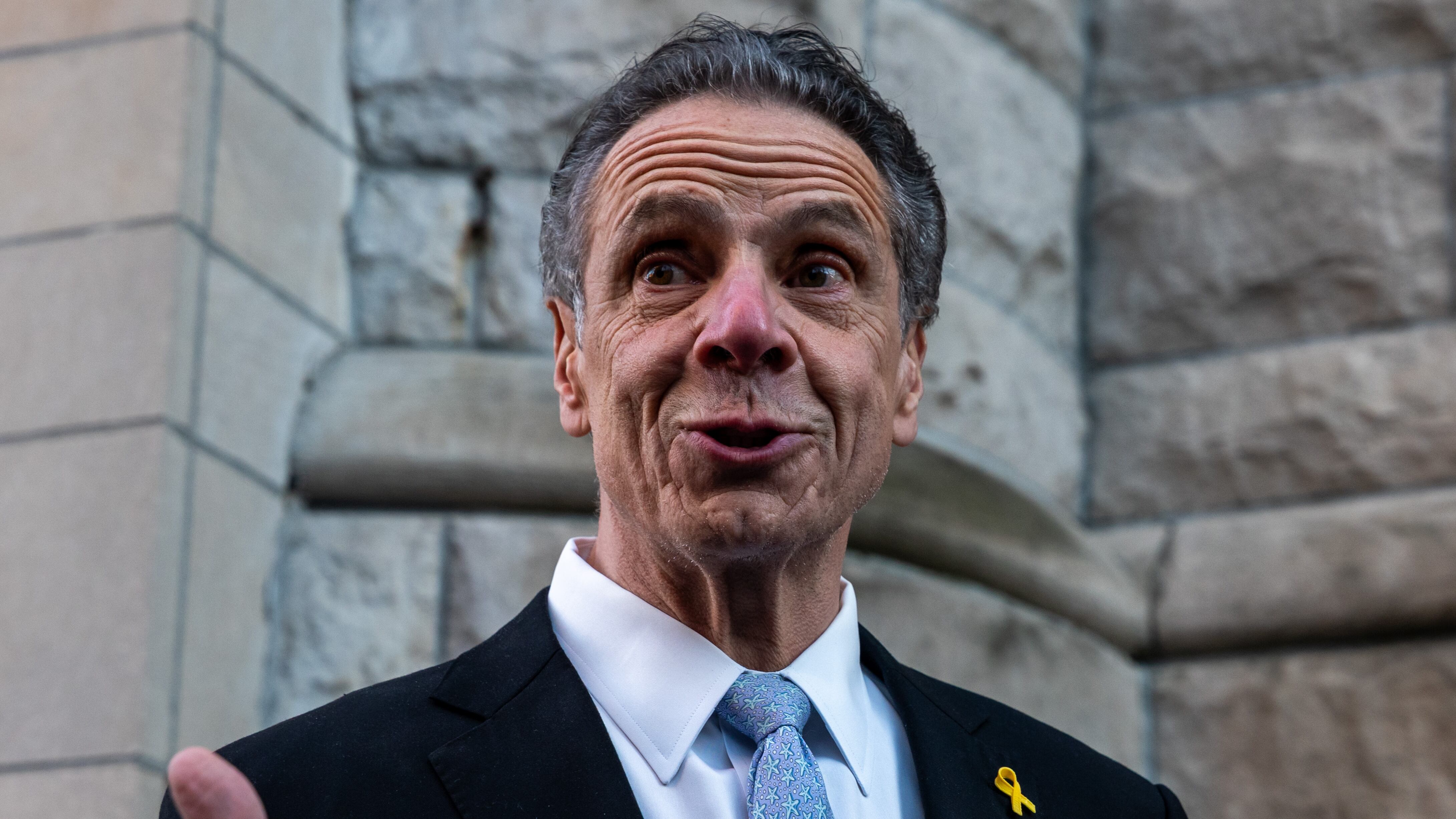 NEW YORK, NEW YORK - APRIL 01: Former New York Gov. Andrew Cuomo speaks outside the West Side Institutional Synagogue on April 1, 2025, in New York City.