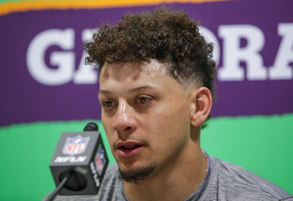 Patrick Mahomes #15 of the Kansas City Chiefs speaks to the media during a press conference after losing to the Philadelphia Eagles 40-22 in Super Bowl LIX at Caesars Superdome on February 09, 2025 in New Orleans, Louisiana.