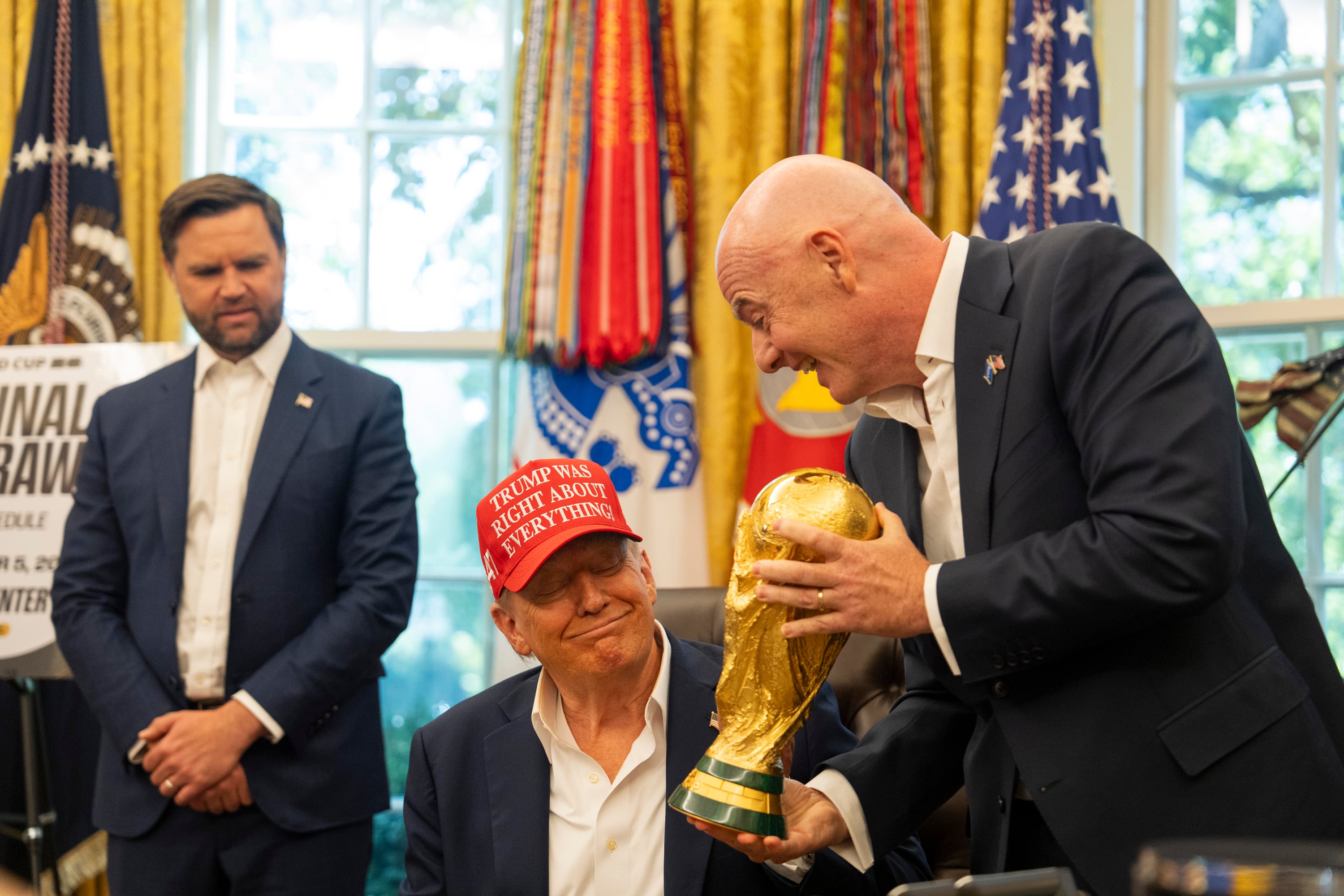 Infantino presented Trump with the FIFA World Cup Trophy at the White House in August—but will he be handing him a different gong next month? / The Washington Post / Carolyn Van Houten/The Washington Post via Getty Images