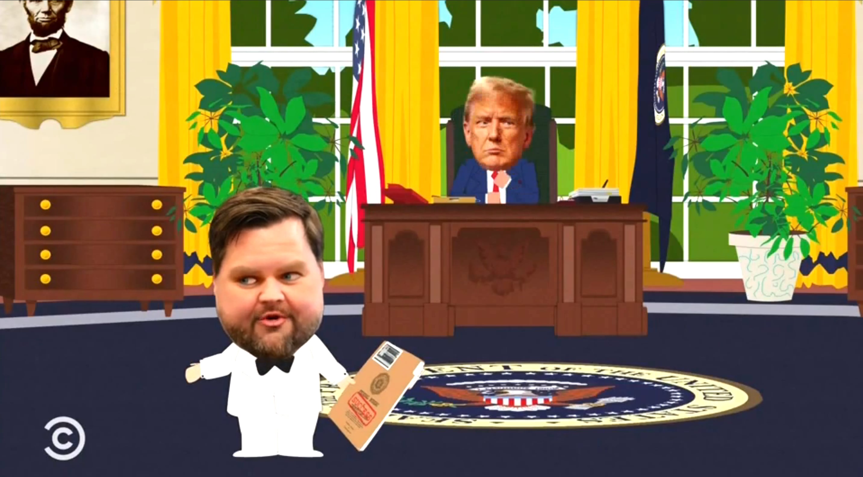 Vance catches Trump in the act in the Oval Office, in “South Park.” / Comedy Central