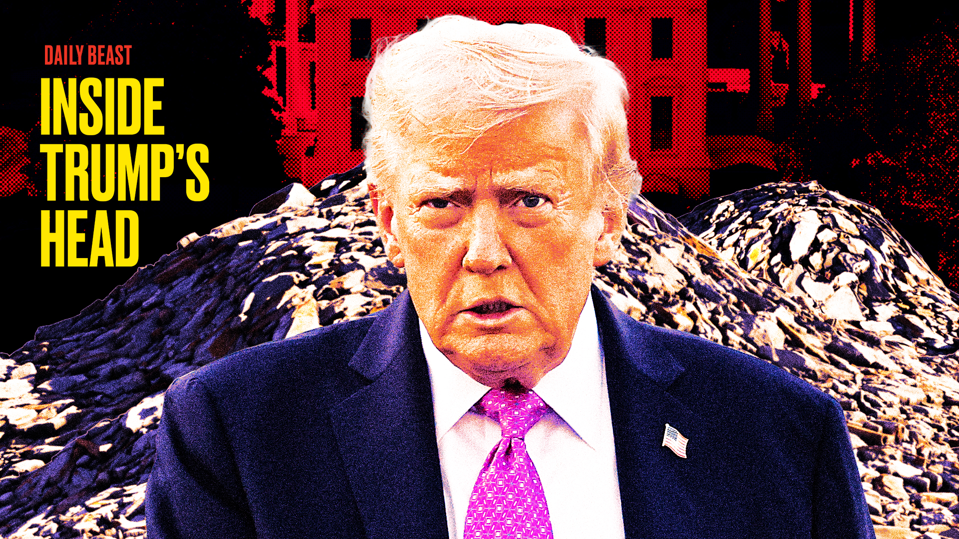 A photo illustration of President Donald Trump in front of the White House East Wing and piles of rubble. / Photo Illustration by Thomas Levinson/The Daily Beast/Getty