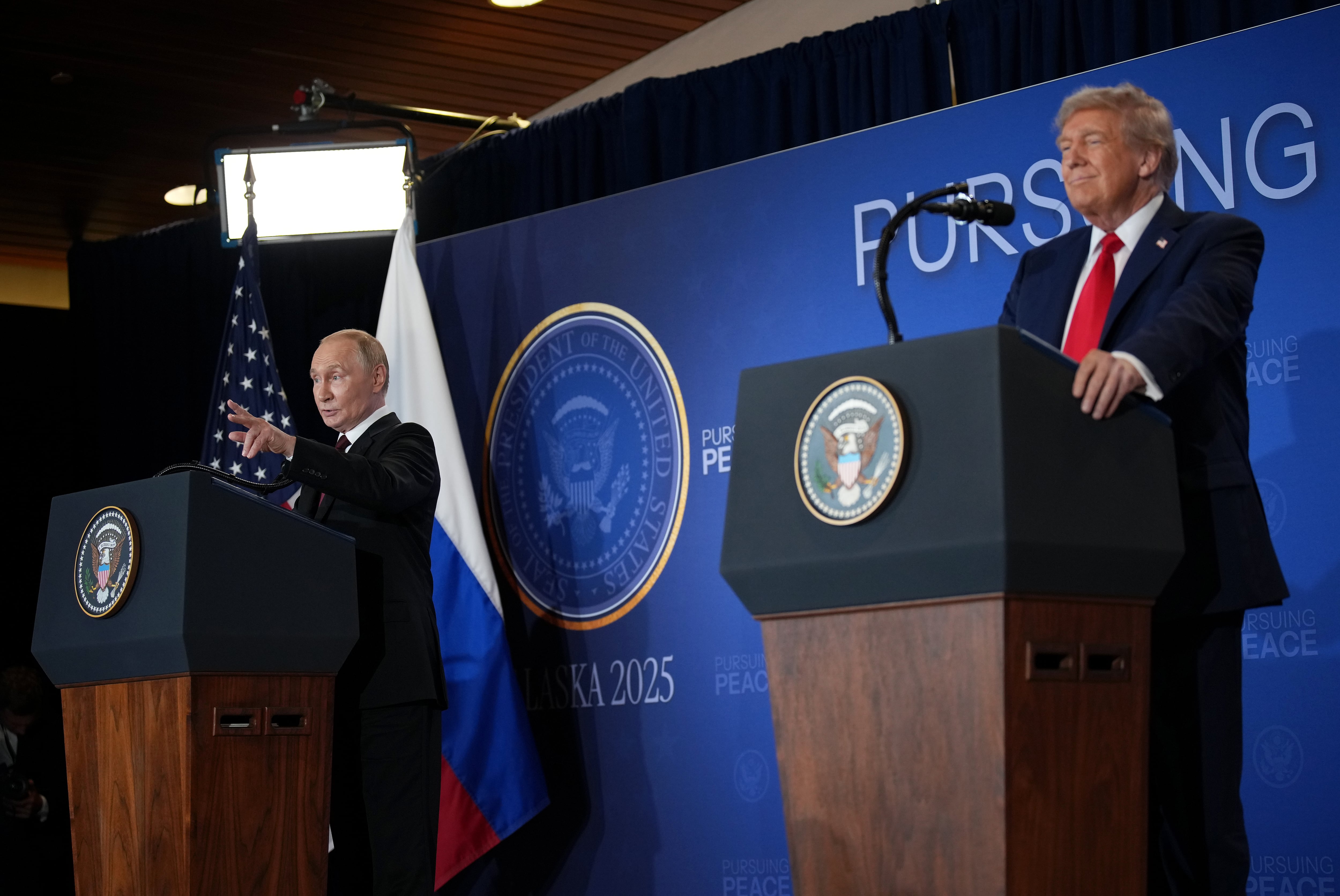 President Donald Trump and Russian President Vladimir Putin spoke to the press on August 15, 2025 in Anchorage, Alaska but did not take a single question as the president said no deal had been reached. / Andrew Harnik/Getty Images