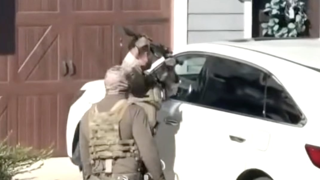 A Border Patrol officer points his gun through the car window at a woman before using the weapon to smash it.