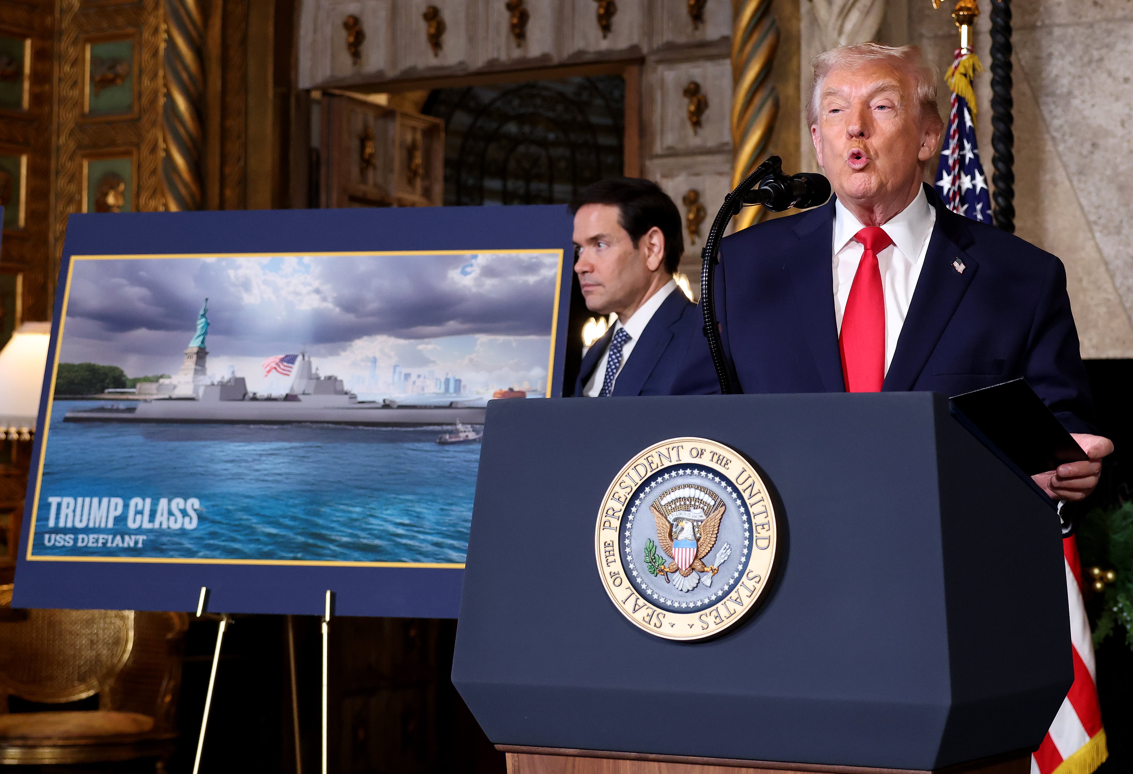 U.S. President Donald Trump, joined by U.S. Secretary of State Marco Rubio, announced the creation of the “Trump-class” battleship. / Tasos Katopodis / Getty Images